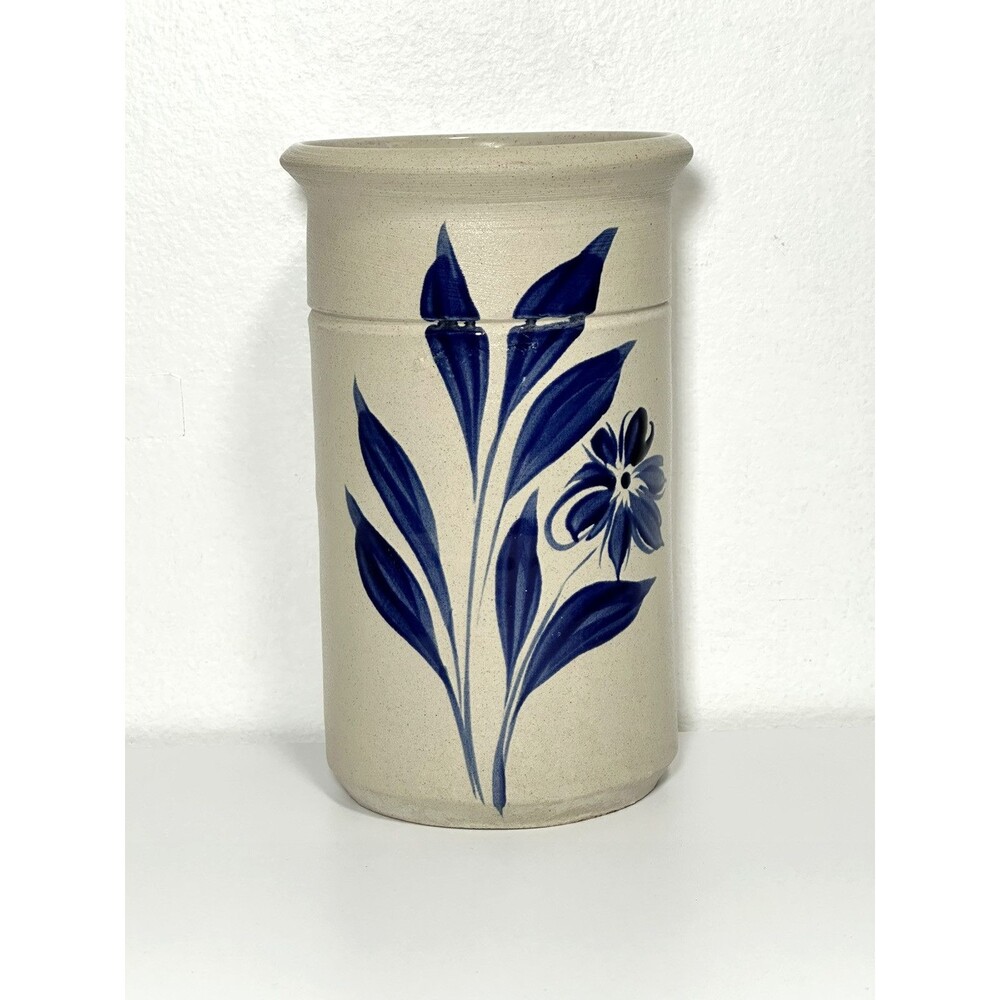 Williamsburg Pottery Vintage 1996 WPF Vase Utensil Holder Blue Flower VA Factory